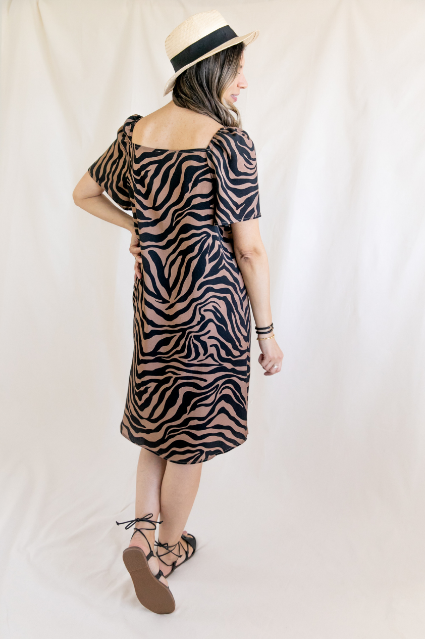 Zandra Lyocell Zebra Print Square Neck Midi Dress