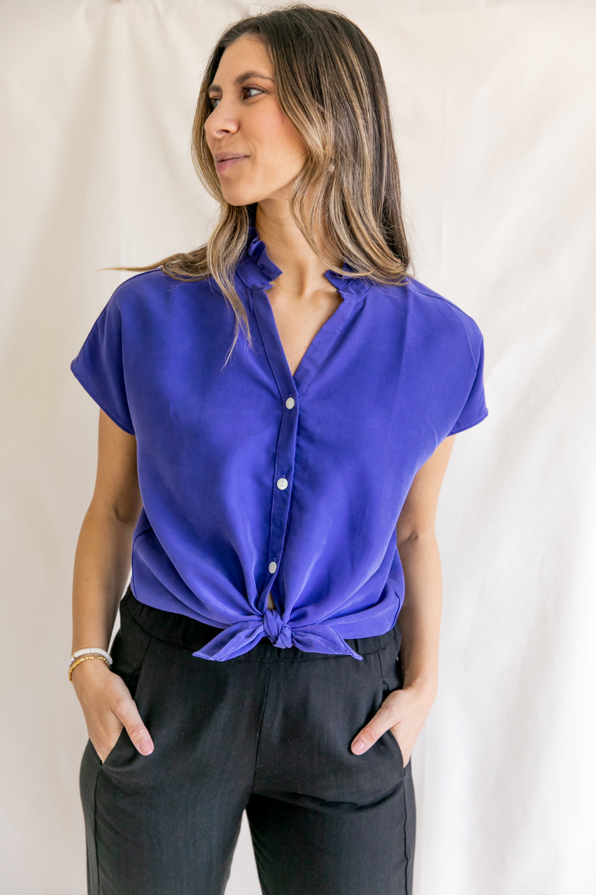Sofia Cupro Purple Ruffle Collar Short Sleeve Shirt