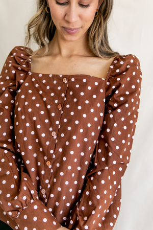 Choix | Maria Polka Dots Brown Pink Square Neck Puff Sleeve Button