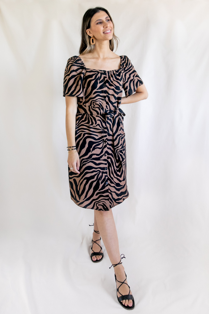 Zandra Lyocell Zebra Print Square Neck Midi Dress