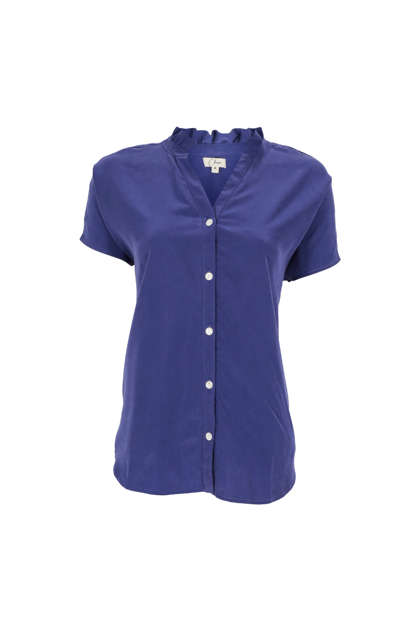 Sofia Cupro Purple Ruffle Collar Short Sleeve Shirt